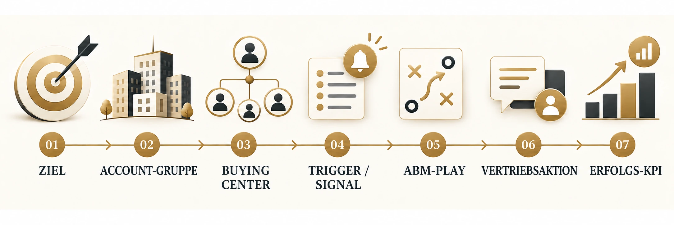 ABM-Entscheidungskette von Ziel und Account-Gruppe über Buying Center, Trigger, ABM-Play und Vertriebsaktion bis zum Erfolgs-KPI.