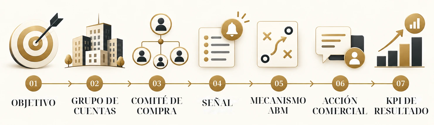 Cadena de diseño ABM desde el objetivo y el grupo de cuentas hasta el comité de compra, la señal, el mecanismo ABM, la acción comercial y el KPI de resultado.