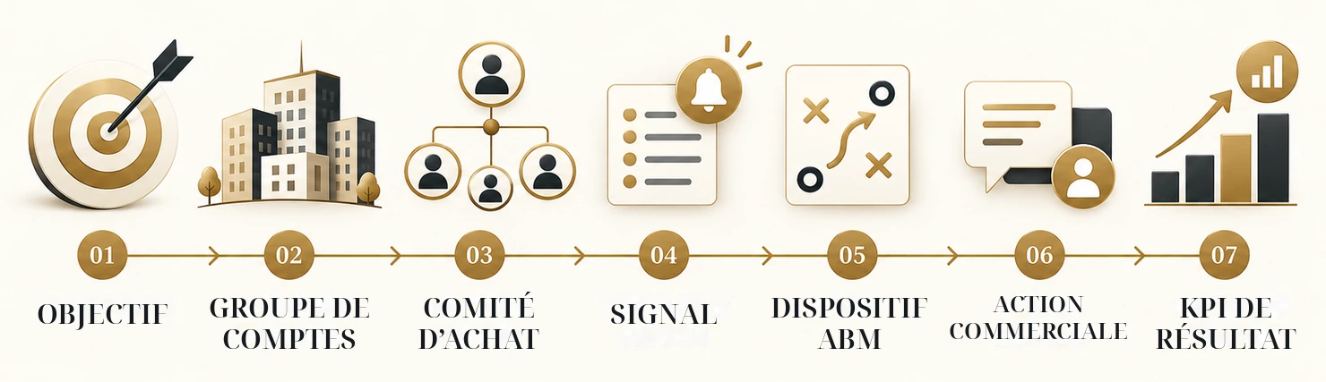 Chaîne de conception ABM : objectif, groupe de comptes, comité d’achat, signal, dispositif ABM, action commerciale et KPI de résultat.