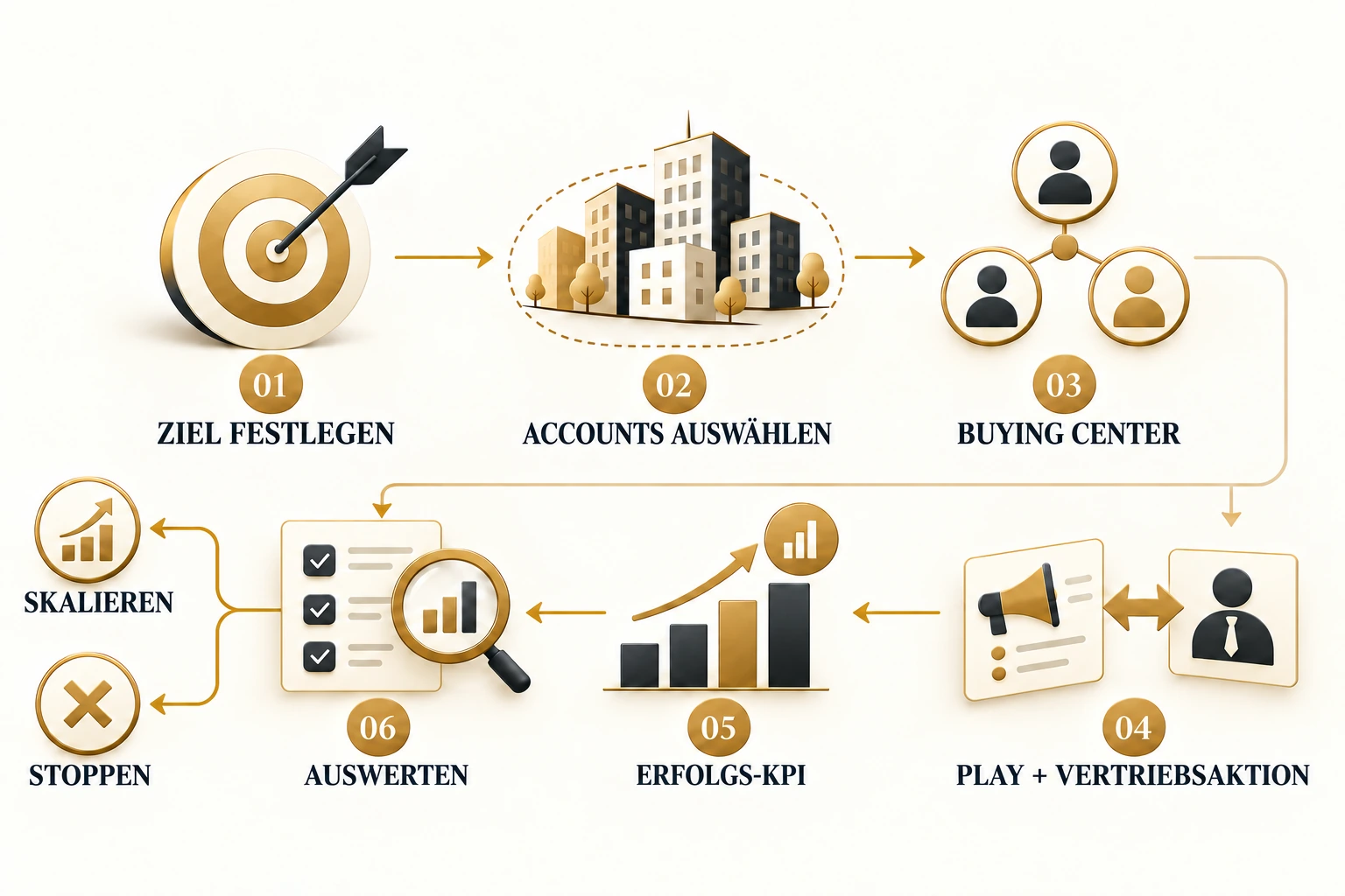 Sechs Schritte für die erste ABM-Kampagne: Ziel festlegen, Accounts auswählen, Buying Center abbilden, Play und Vertriebsaktion koordinieren, Erfolg messen und anschließend skalieren oder stoppen.