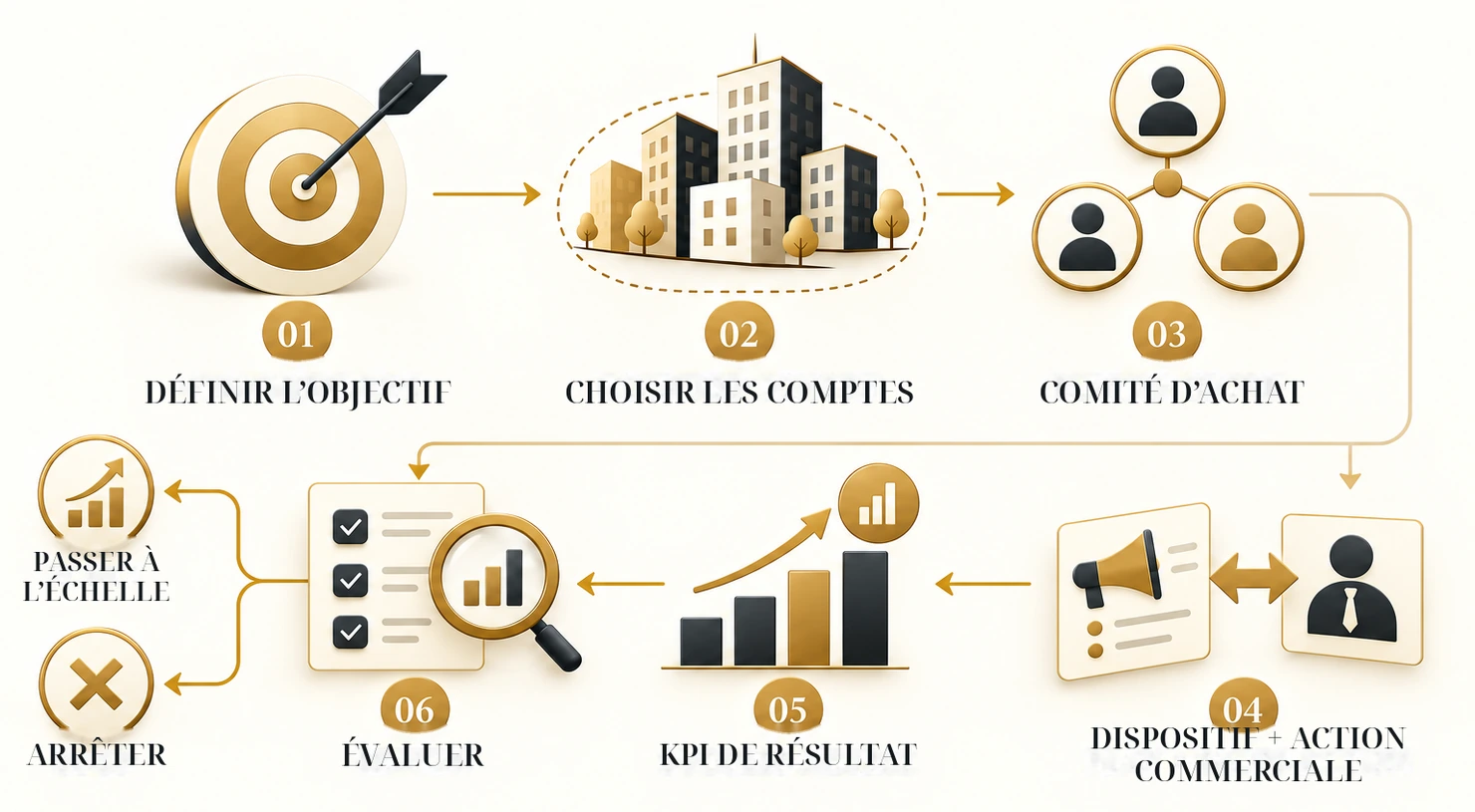 Workflow en six étapes pour une première campagne ABM, de la définition de l’objectif à l’évaluation, puis au passage à l’échelle ou à l’arrêt.